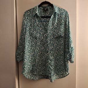 Iz Byer Green Floral 3/4 Sleeve Notched Collar Button Down Shirt